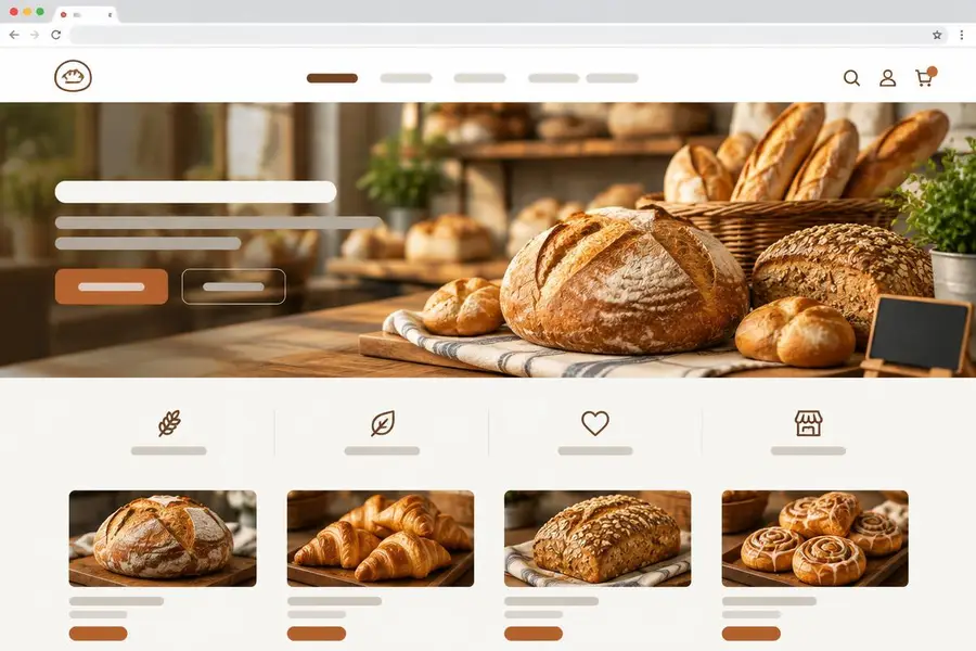 Concept homepage for a neighborhood bakery with bread photos and product cards