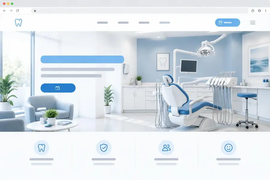 Concept homepage for a dental clinic with a bright clinic photo and appointment button